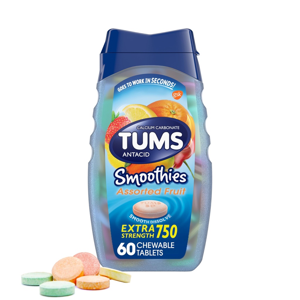 TUMS Smoothies Extra Strength Antacid Chewable Tablets for Heartburn Relief, Assorted Fruit - 60 Count