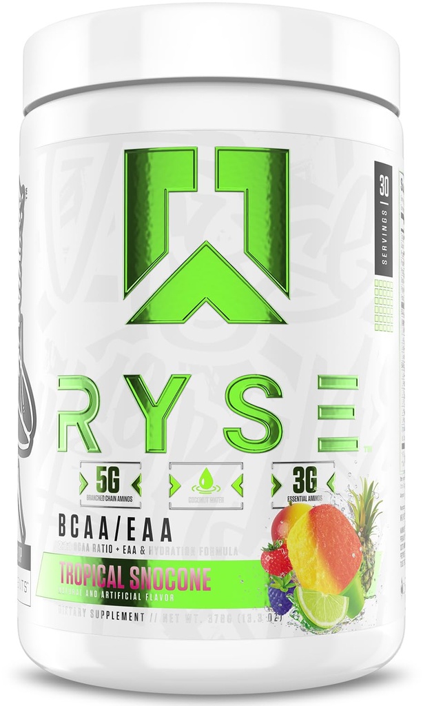 RYSE BCAA EAA Powder - Tropical Snocone - 5g Branched Chain Amino Acids, 3g Essential Aminos, Sugar-Free Electrolytes for Pre & Post Workout Muscle Recovery, Hydration and Strength - 30 Servings