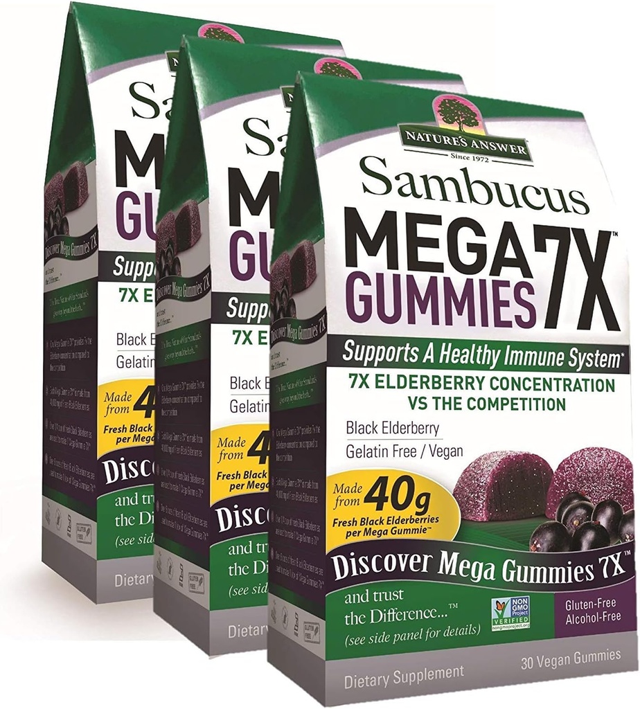 Nature's Answer Sambucus Mega Gummies | 7X More Elderberry Concentration | Alcohol-Free, Gluten-Free, Gelatin-Free, Vegan, Non-GMO & No Preservatives | 30ct Gummies (Pack of 3)