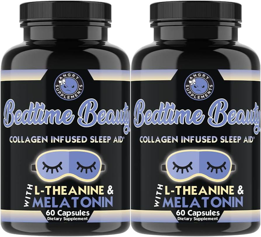 Bedtime Beauty, Collagen Infused Night Time Sleep Aid, All Natural Pills med L-Theanine, Melatonin, Magnesium & Hyaluronsyra av Angry Supplements (2-Bottles)