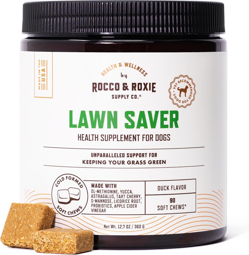 Rocco & Roxie Dog Neutralizer for Lawn, Green Grass Savers for Dog Urine Pee Spots, UTI Health & Bladder Control Supplement con D-Mannose, Apple Cider Vinegar & DL-Methionine, 90ct Soft Chews