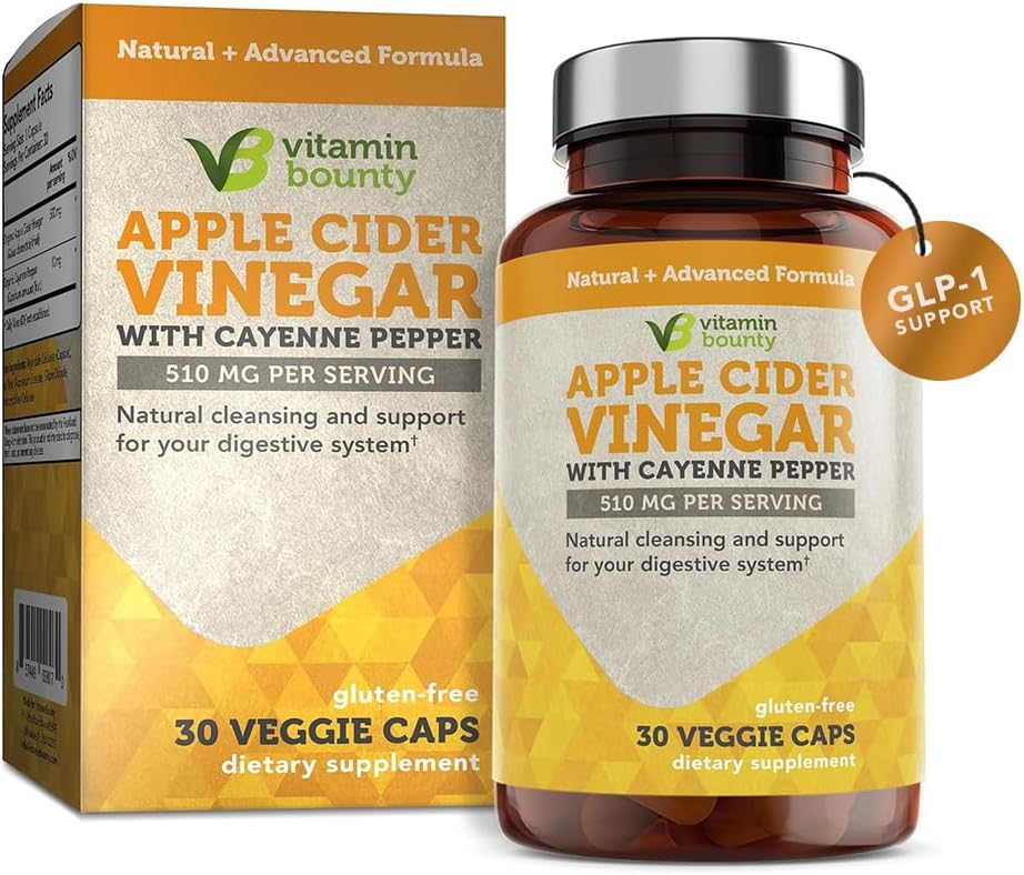 Capsule di Aceto di Aceto di Sidro di Vitamina Bounty Apple – ACV con il supporto madre + GLP-1 – Detox, Bloating Relief & Appetite Suppressant – Non-GMO, Vegan, 60 capsule