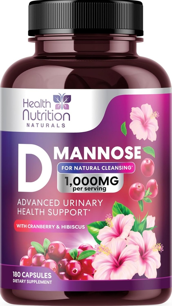 D-Mannose Suplemento 1,350 mg - con arándano, Hibiscus &amp; Dandelion - Acción rápida, Natural Urinary Tract &amp; Bladder Support for Women &amp; Men – Flush &amp; Cleanse Impurities – Non-GMO, Vegan – 180 cápsulas