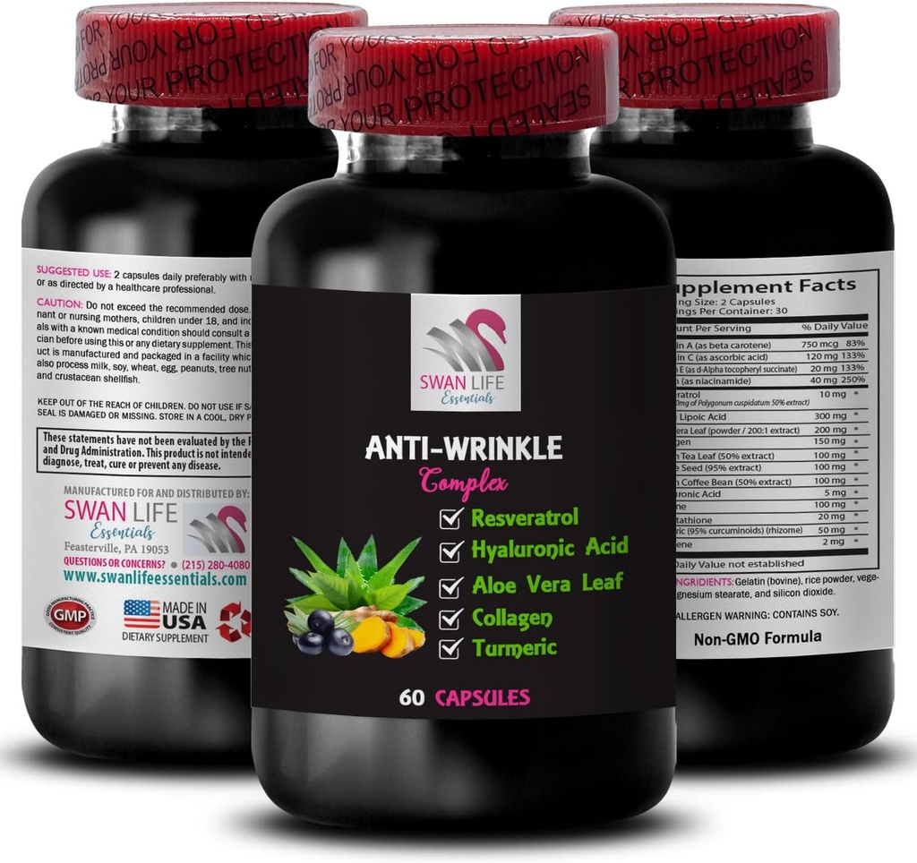 Alpha Lipoic Acid Support - ANTI-WRINKLE COMPLEX - Aloe Vera Leaf Benefits, Collagen Boost, Green Tea Leaf Extract, Grape Seed Power, Green Coffee Bean Benefits, Hyaluronic Acid 1 Bottle 60 Caps