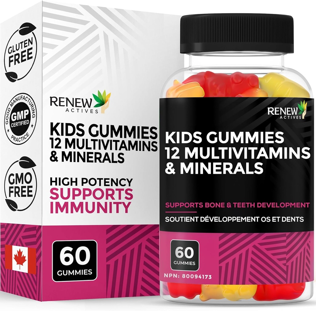 Renew Actives Kids Multivitaminų 4 Gummies per Tarnavimas - Palaiko sveikatą, Plaukų, odos, nagų, Eyevision, Stiprūs Bones, Teeth & Gums - Skanus & Mityba - Turtingas auginti vaikai - Pagaminta Kanadoje - 60 Gummies