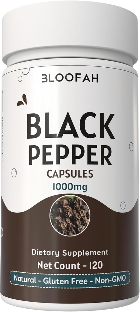 Black Pepper Capsules 1000mg Powder  Pipepher nigrum Ohyn-GMO, Gluten-Free No artificial Additives pplGMP-Certificatified "2002 hebalshipment tradicional (120 Compte (Pck of 1))