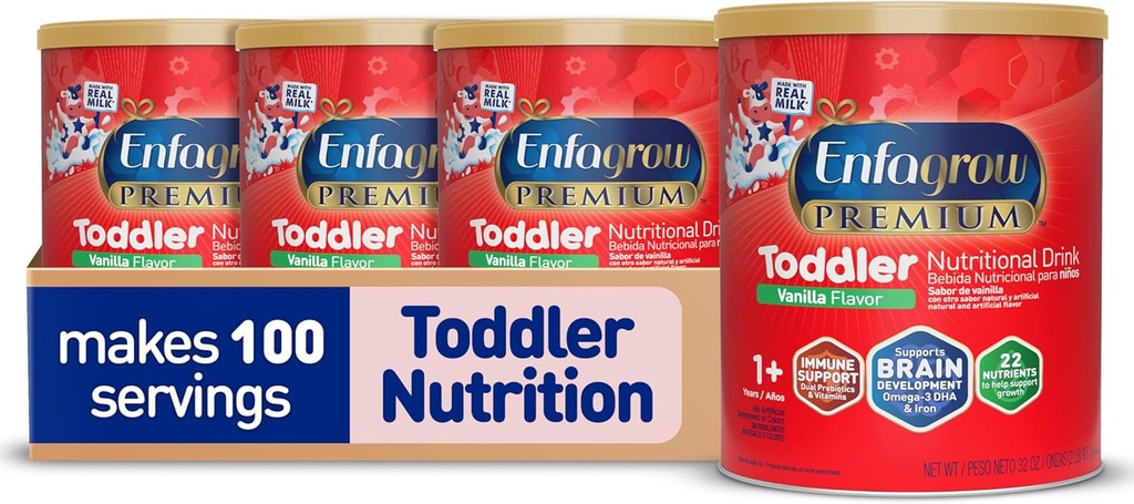 Enfagrow Premium Toddler bebida nutricional, Vanilla Flavor, Omega-3 DHA para soporte cerebral, prebióticos e vitaminas para a saúde inmune, po Can, 32 Oz, Pack de 4