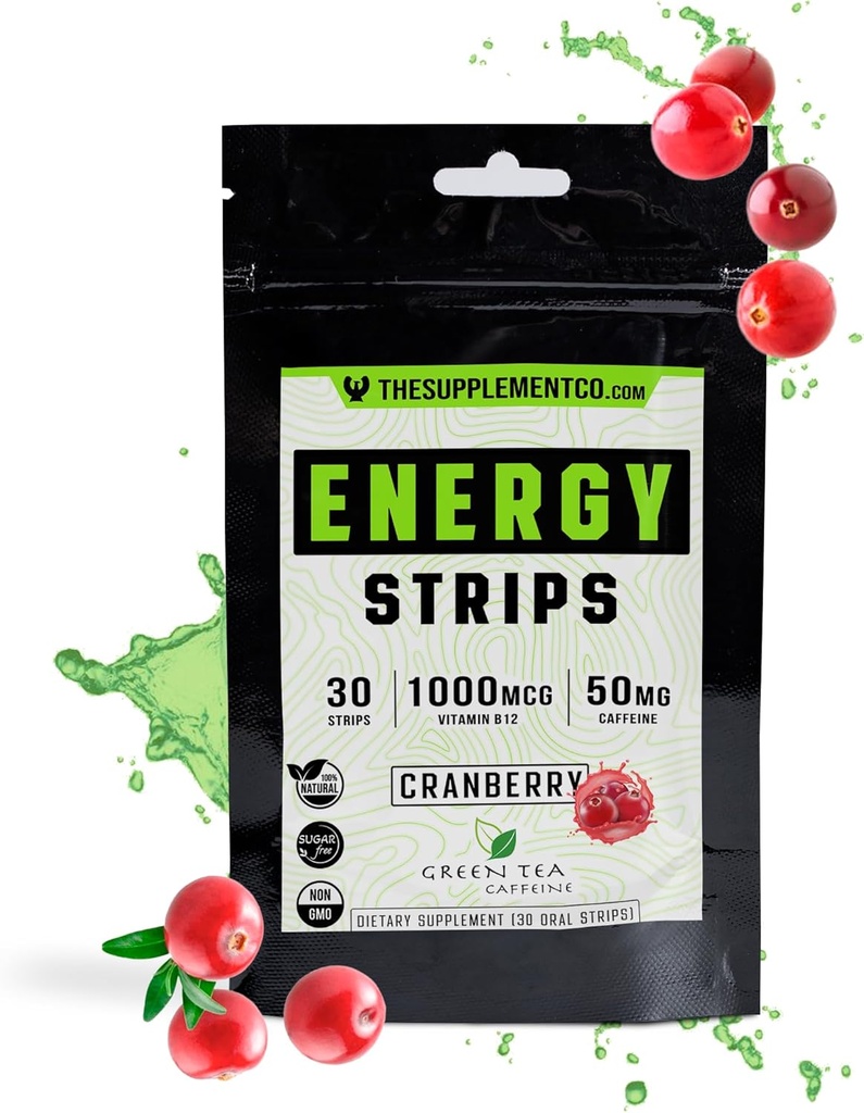 Energy Strips - 50 Mg de Caffiene - Absorção rápida 100% de fórmula natural - Cranberry Flavor - 30 Strips -