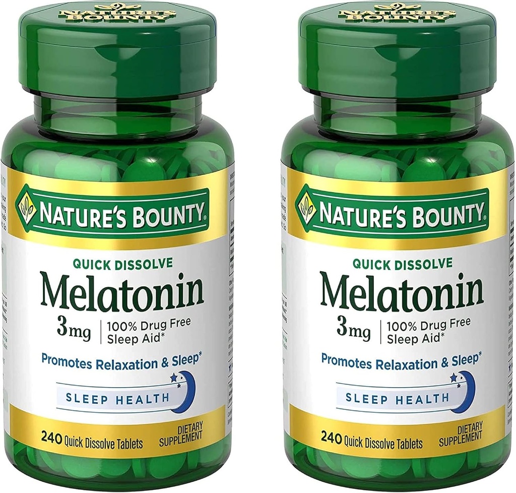 Természet Bounty Melatonin 3 mg, 100% gyógyszermentes alvászavarok felnőttek, támogató relaxáció és alvás, étrend kiegészítés, 240 gróf (2-es csomag)