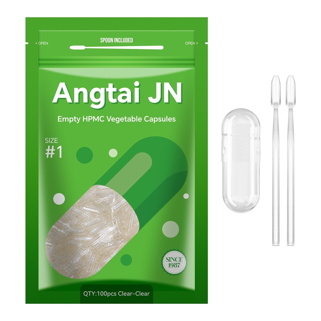 Size 1 Empty Capsules Vegan Plant Based Clear (100 Count) Gluten Free, Non-GMO, Halal Certified Pill Caps Filling Kit with 2 Spoons for Vegetarian DIY Your Own Supplements