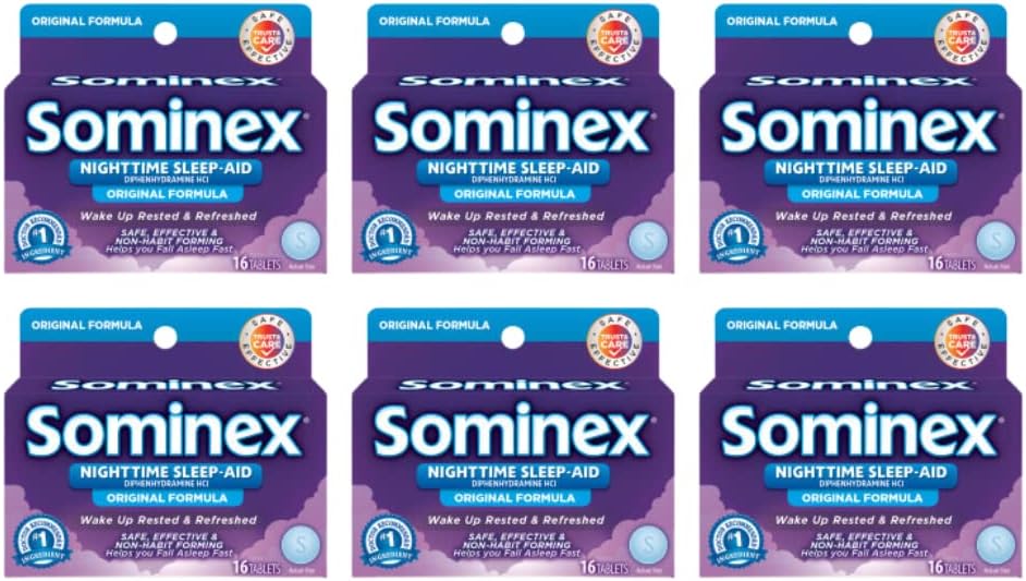 Sominex Night-Aid với Dipheydramine HCL 25 mg, Nguyên Công thức, 16 bảng, (Pack của 6)