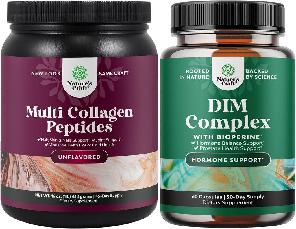 Nature Craft Bundle of Multi Collagen Protein Powder for Women and Men - Hair Skin and Nails Vitaminas e DIM Complex Men and Womens