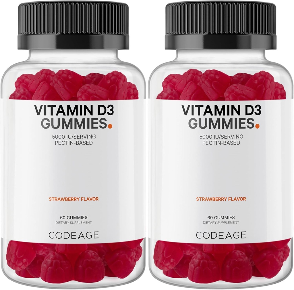 Vitamin D3 Gummy Vitamine, Vitamin D3 5000 IU Gummie Cholecalciferol 125 mcg, Weiche Pektin-basiert, Tier-Glatin-freie Gummy, Gummi Vitamine, Tasty Erdbeere, Non-GMO - 2-Pack