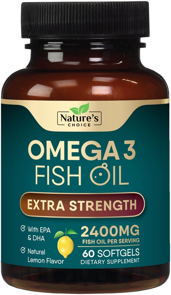 Omega 3 Fish Oil Supplements - 2400mg Fish Oil Per Serving - Triple Strength Omega-3 with Fatty Acids EPA & DHA - Natural Heart, Brain & Immune Support - Wild Caught, Bottled in USA - 60 Softgels