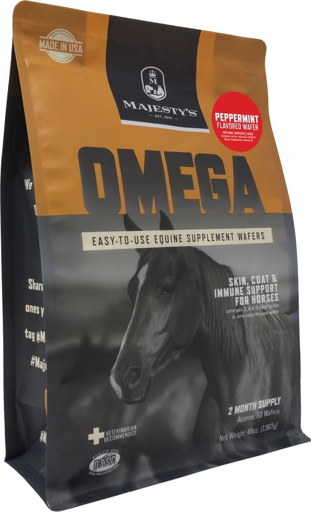 Maiestatearen Omega Wafers - Superior Horse/Equine Skin, Coat eta Immune Support Supplement - Omega 3, 6, 9 eta Biotin (Peppermint, 60 Count)