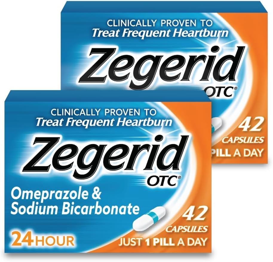 Zegerid OTC, Omeprazole Plus natrio hidrokarbonatas, 24 val., Proton Pump Inhibitor (PPI), Heartburn Medicine, Acid Reducer, Dvi 42ct Dėžutės