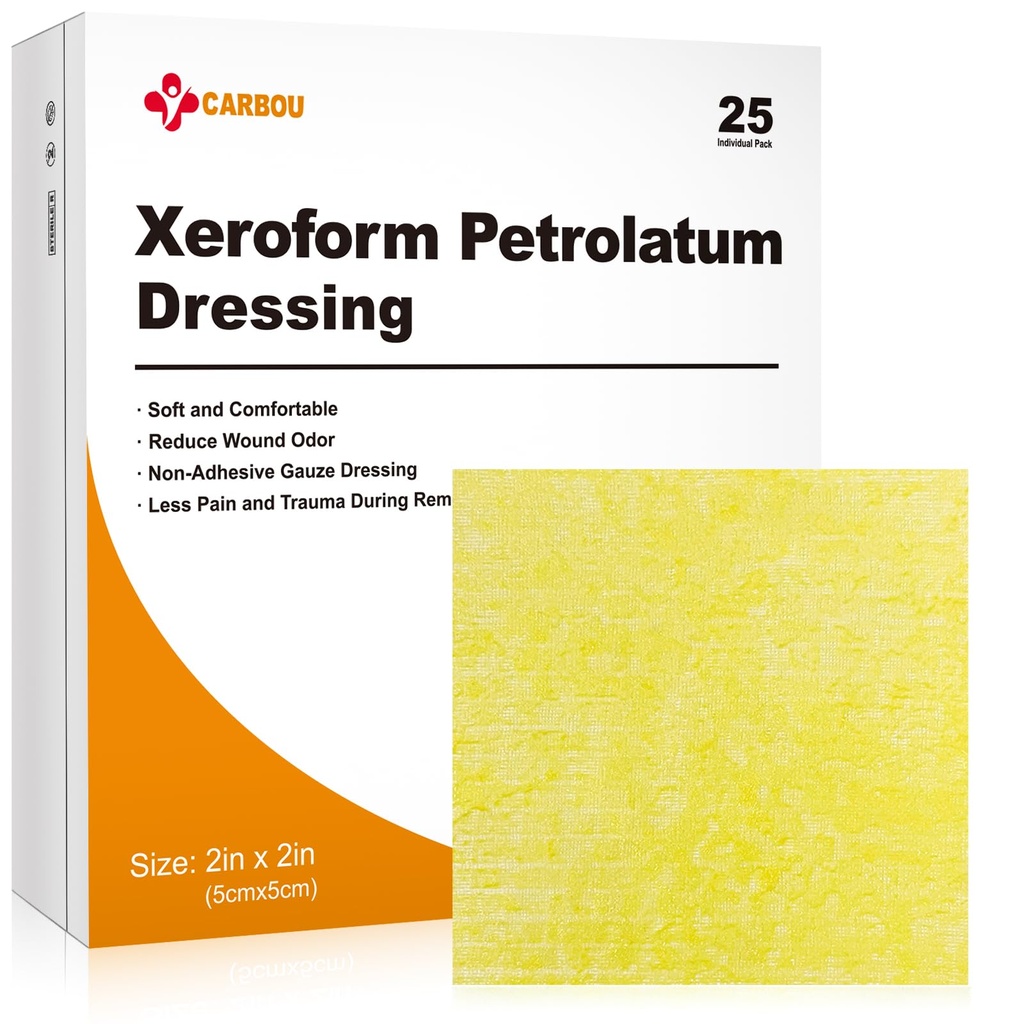 Carbou Medical Xeroform Petrolatum Dressing 2"x2", 25 Individual Pack, Non-Adherent Gauze Pads, Soft Fine Mesh Gauze Patch for Wound Care, Burns, Lacerations, Skin Grafts & Surgical Incisions