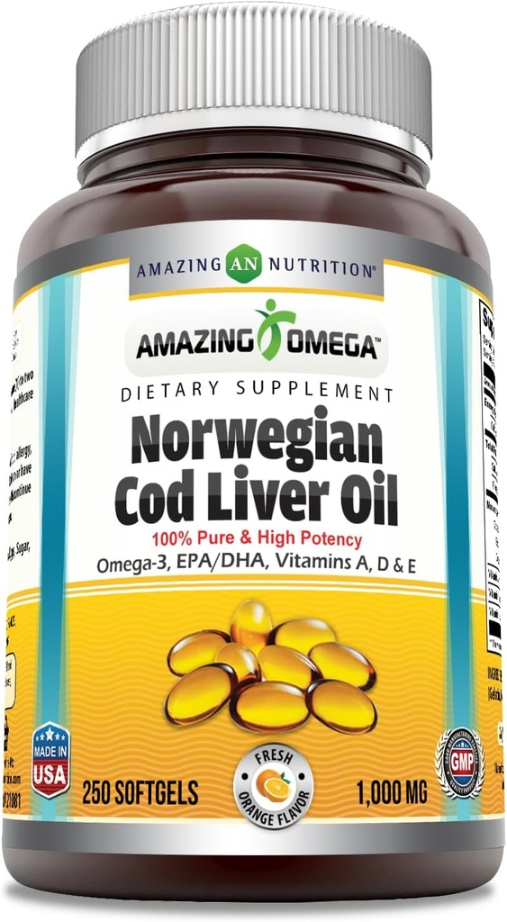 Amazing Omega Norwegian Cod Liver Oil 1000 Mg Softgels Supplement | Omega-3, EPA, DHA, Vitamin A, D & Vitamin E (Orange | 250 Count)