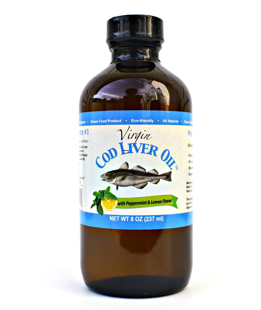 Virgin Cod Liver Oil - 8 Fl oz Natural, Sustainably sourced, Wild Caught & Fresh Tasting. High in Vitamin D, Omega 3 DHA/EPA (Lemon and Peppermint Flavored)