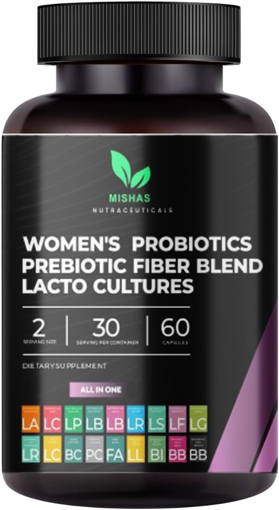 Mishas Nutraceuticals Probiotics עבור נשים, 50 מיליארד CFU - 16 Probiotic Strains עם Prebiotic - תומך בריאות Vaginal, Gut Health and Immune System - Feminine Supplement - 60 קפסולות