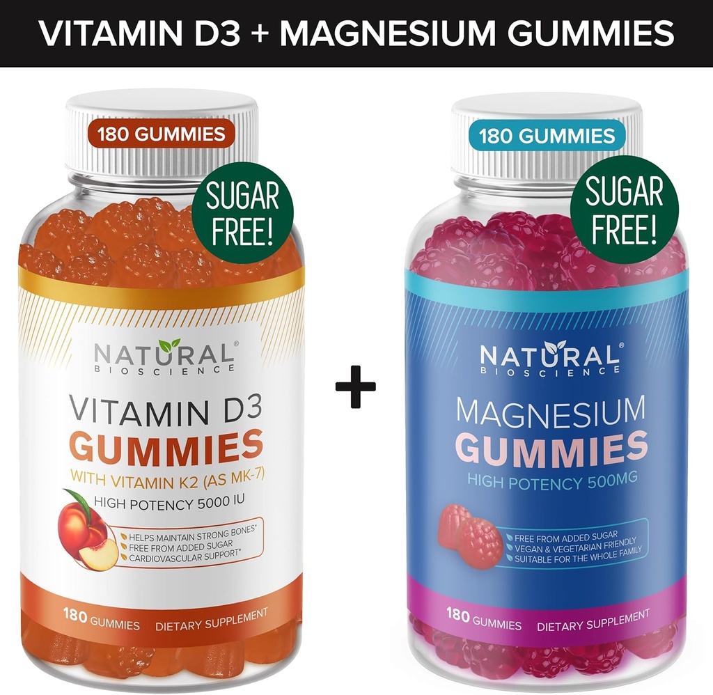 Sugar Free Vitamin D3 K2 Gummies (180 Gummies) och Sugar Free Extra Strength Magnesium Gummies (180 Gummies), Vitamin D3 Gummies 5000 IU + K2 MK7 80 mcg, Magnesium Citrate Gummies 500 mg