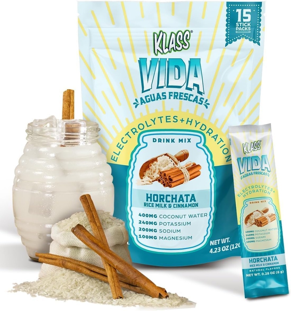 KLASS VIDA Elektrolyt-Getränk-Mix – Horchata Agua Fresca Flavor | Zuckerfreies Hydration-Pulver mit Kokosnuss-Wasser & Minerals | 15 Single-Serve-Stick-Packs in wiederverwertbarem Pouch, niedrige Kalorien