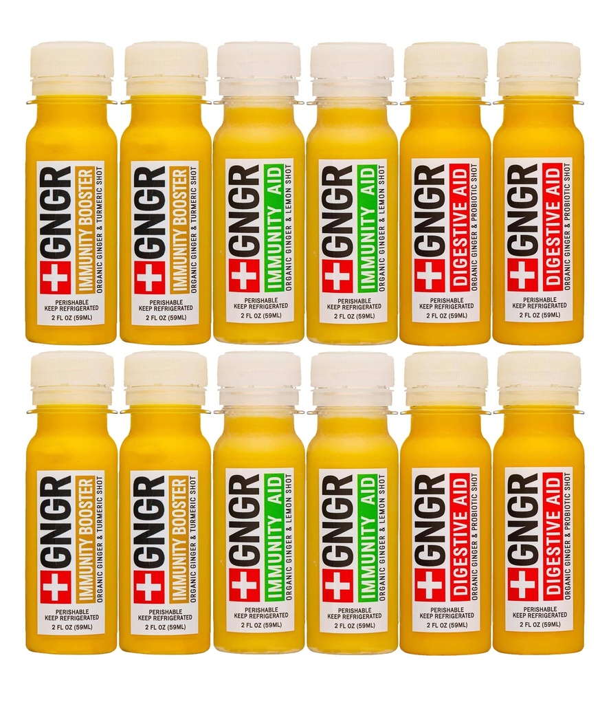 +GNGR 12 Shots Variety Pack of Organic Ginger Shots. Cold Pressed, Preservative free. Ginger Juice, Turmeric Root, Lemon & Orange Juice, Caynne Pepper. 2fl oz (Pack of 12)