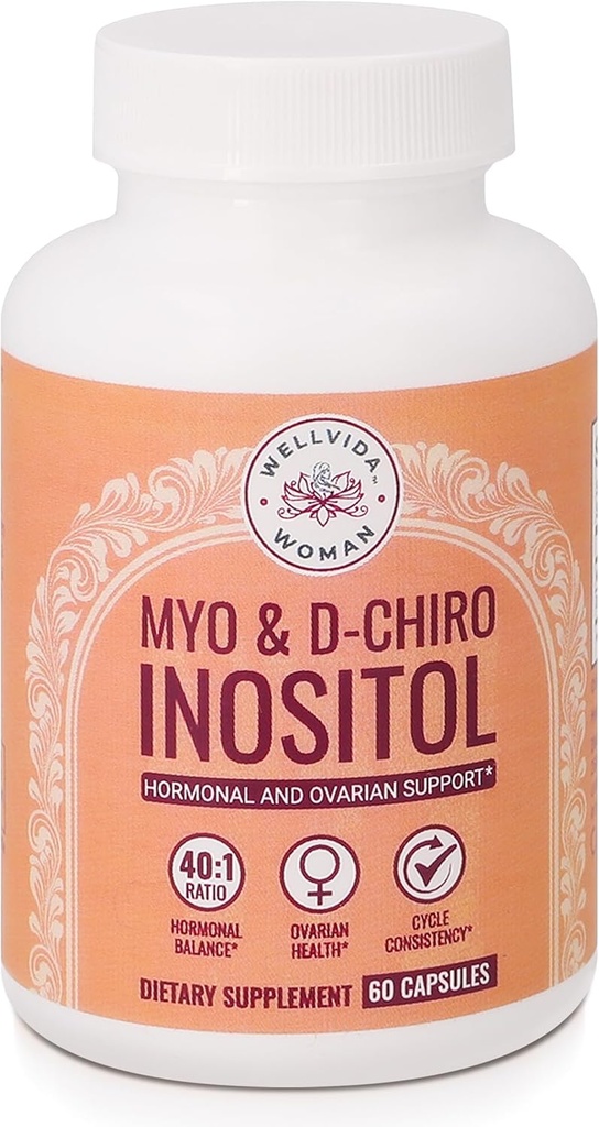 Mio- Inositol & D- Chiro Inositol Suplemento Frasco (60 Cápsulas) 40:1 Ratio Cápsula para Suporte Ovariano Myo- Inositol 1000mg & D- Chiro 25mg Inositol Cápsulas w/ Caronositol - Inositol Diário para Mulheres