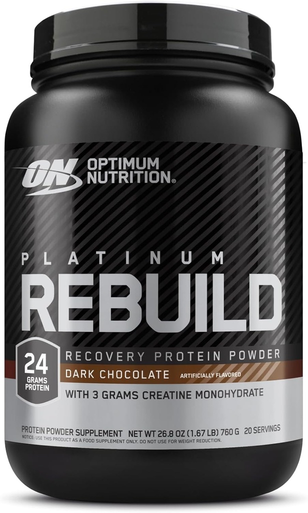 Optimum Nutrition Platinum Rebuild, Premium Platinum Blend Protein Pulveris ar kreatīnmonohidrātu, Tumšā Šokolāde, 20 Kalpojumi