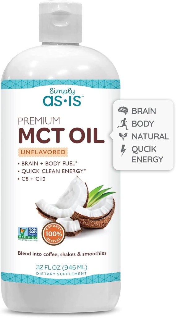 AS-IS Just Premium MCT Oil C8 & C10 | Unflavored | 100% from Non-GMO Coconuts | Perfect for Morning Coffee | Quick Clean Energy | 32 fl oz (63 zerbitzatu)
