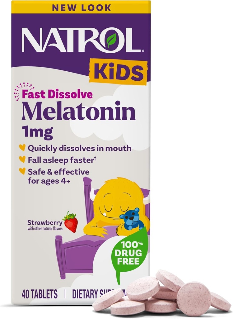 Natrol Kids Fast Dissolve Melatonin 1 mg, dieta osagarria lo egiteko, haurrentzako lo tabletak, 40 Strawberry-Flavored Melatonin Tablets, 40 eguneko hornidura