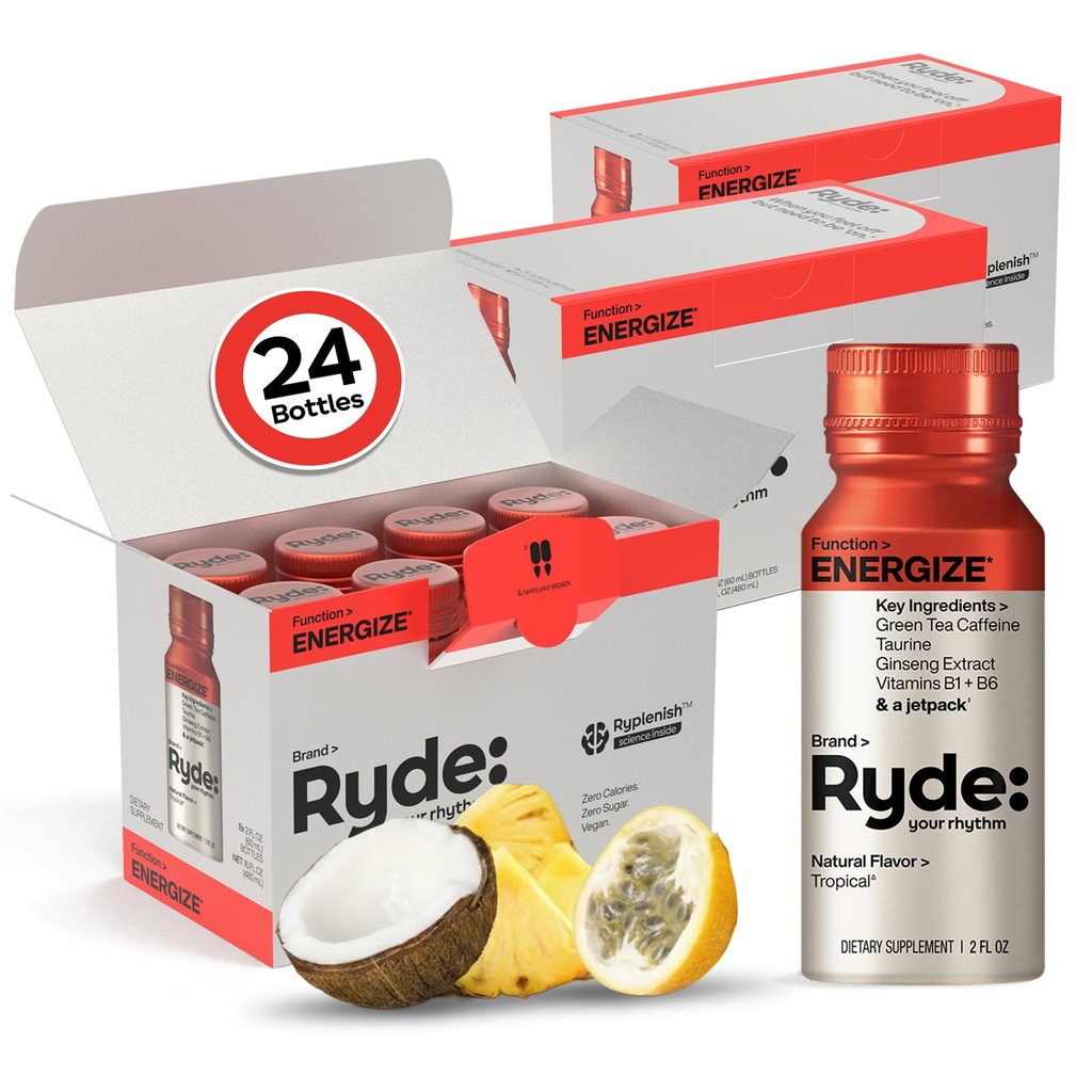 RYDE Energize Energy Shot, Tropical Flavor, Zero Sugar, 2 fl oz, 24 Pack | fight fatigue; no sugar crash; daily energy supply; vegan gluten-free