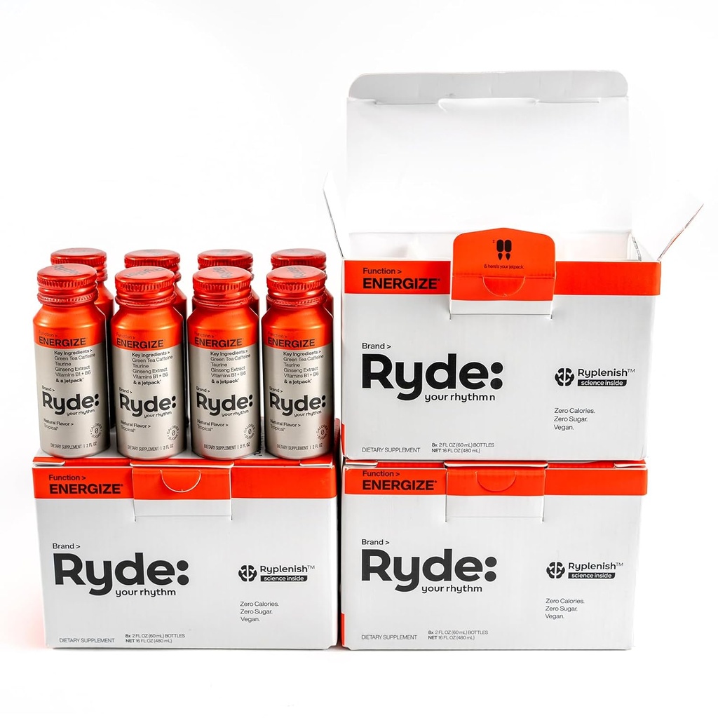 Ryde: Energize Shots Tropical Saveur de Thé Vert Caféine, Taurine, Extrait de Ginseng & Vitamines B.