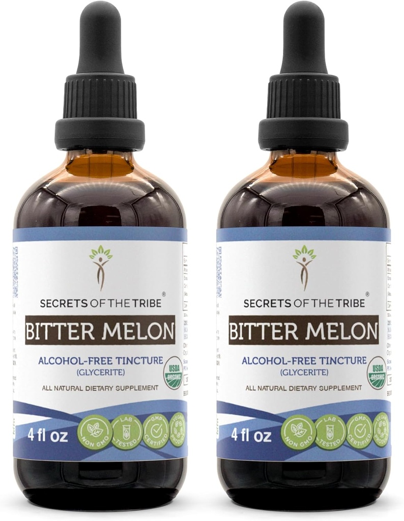 Segredos da Tribe Bitter Melon USDA Orgânico Extrato Livre de Álcool, Drops de Ervas de Alta Potência □ Feito de 100% Certified Organic Bitter Melon (Momordica Charantia) Fruta seca (2x4 onças)