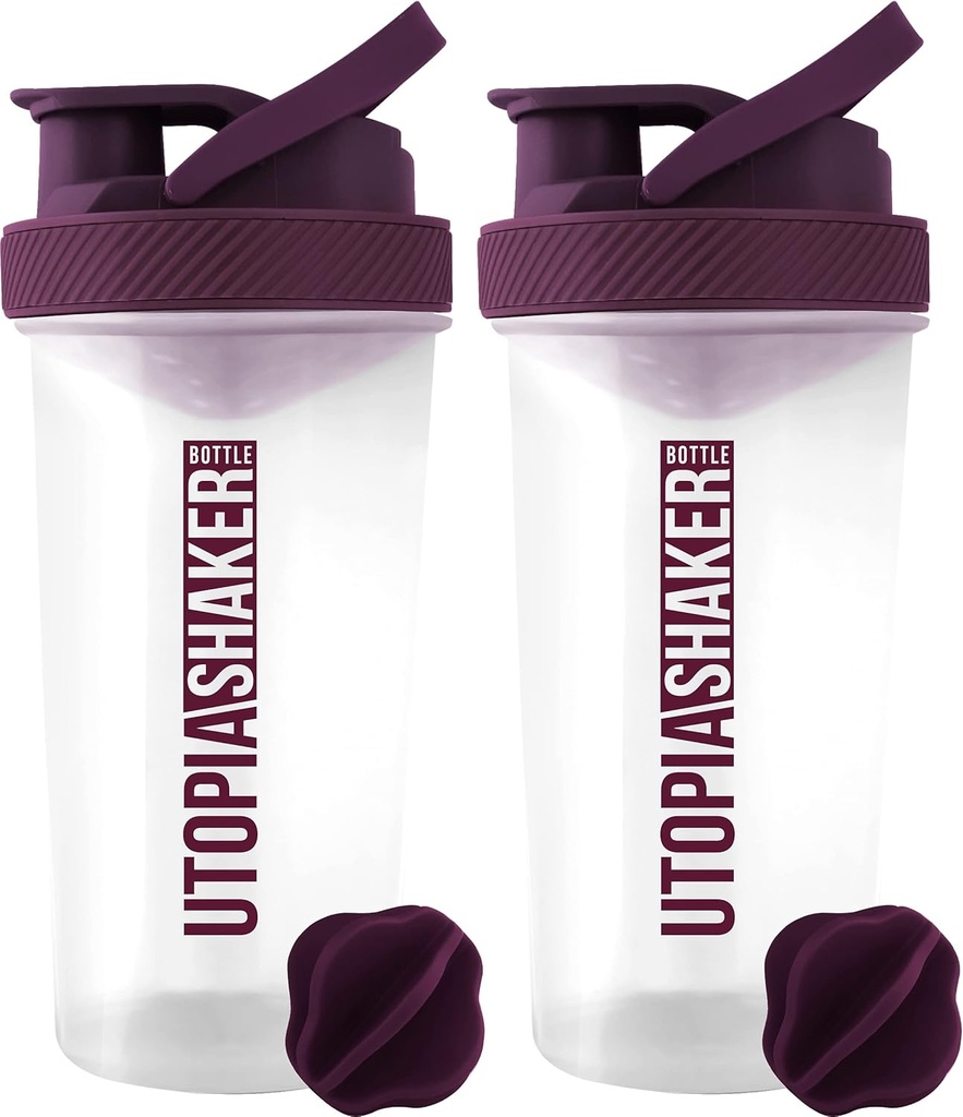 Utopija Domov Beljakovine Shaker steklenička - (Pack of 2) 28-Ounce Shaker steklenice za mešanice beljakovin - Fitness Sports Classic Mixer Shaker steklenička (Clear/Plum)