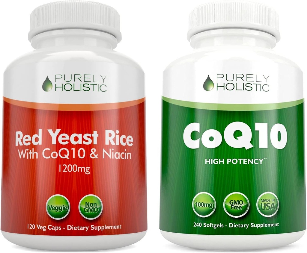 Purely Holistic Red Yeast Рис 1200mg & Niacin + CoQ10 100mg - 120 Капсули та 240 Softgels Bundle - Виготовлені в США