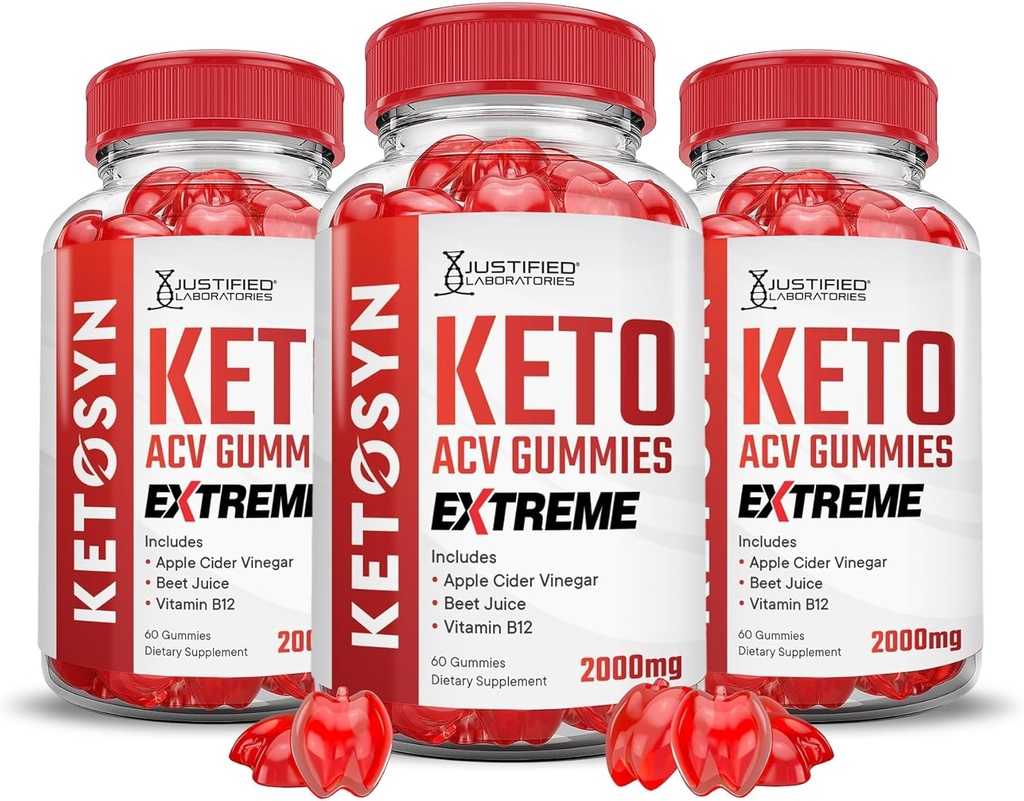 Justified Laboratories (3 Pack Ketosyn Keto ACV Gummies Extreme 2000MG Ketosyn Keto Gummies Apple Cider Vinegar Pomegranate Beet Juice Toz B12 Vegan GMO 180 Gummys