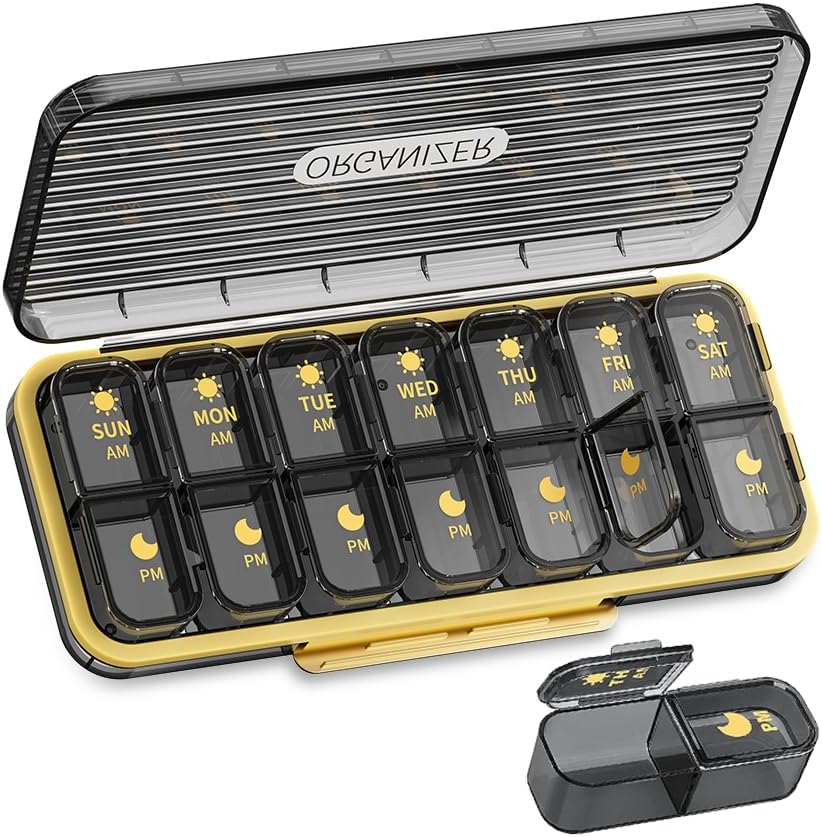 Ugentlig Pill Organizer 2 gange om dagen, ZDQZC Travel Pill Box 7 dag sag med Stor Segment Daily Pill Dispenser Medicine Container for Vitamin, Fish Oils, Kosttilskud (2 gange om dagen, Gray)