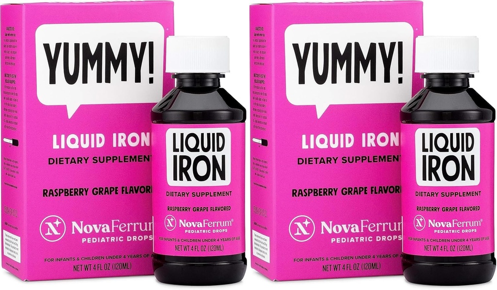 NovaFerrum Pediatric Drops Liquid Iron Supplement for Infants and Toddlers 4 fl oz (120 mL) - Raspberry Grape- Pack of 2