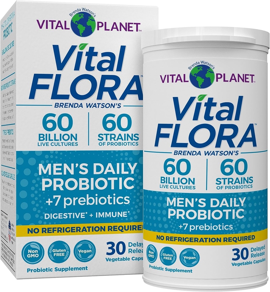 Planet Vital - Vital Flora Probiotic for Men, 60 Billion CFU, 60 Diverse Strains, 7 Organic Preboles, Program Stable Shelf Pria untuk Dukungan Imune, Gas Relief, Digetical Kesehatan 30 Kasules