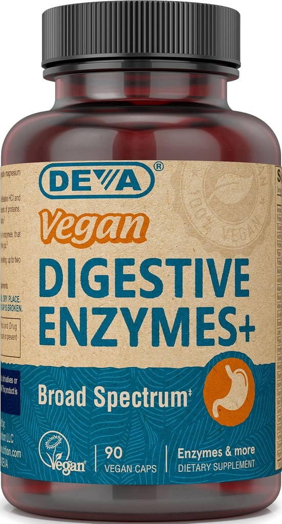 Deva Vegan Vitamins Digestive Enzimes Plus Supplement - A Unique Blend of Enzimes & Herbs - 90 kapszula, 1- Pack
