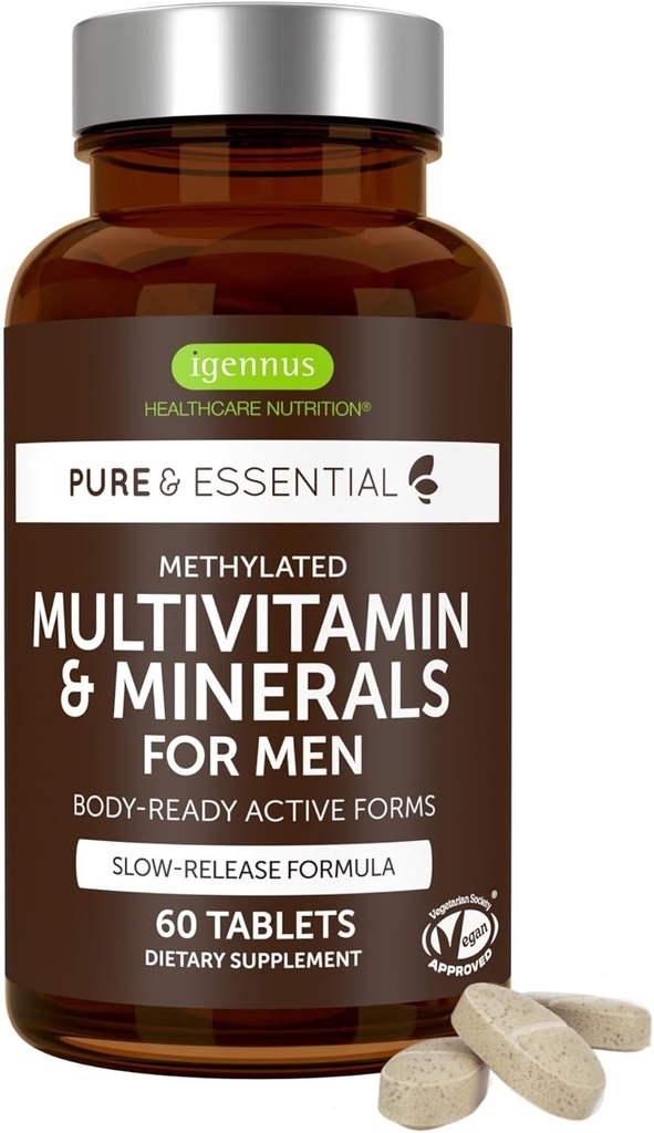 Igennus Metilated Men's Multivitamin with 22 Actives, All-Day Nutrient Delivery, Pure & Clean, Torchfolate & Torchcobalamin, High Strength MTHFR Supplement, Non-GMO & Halal, 60 Tablet