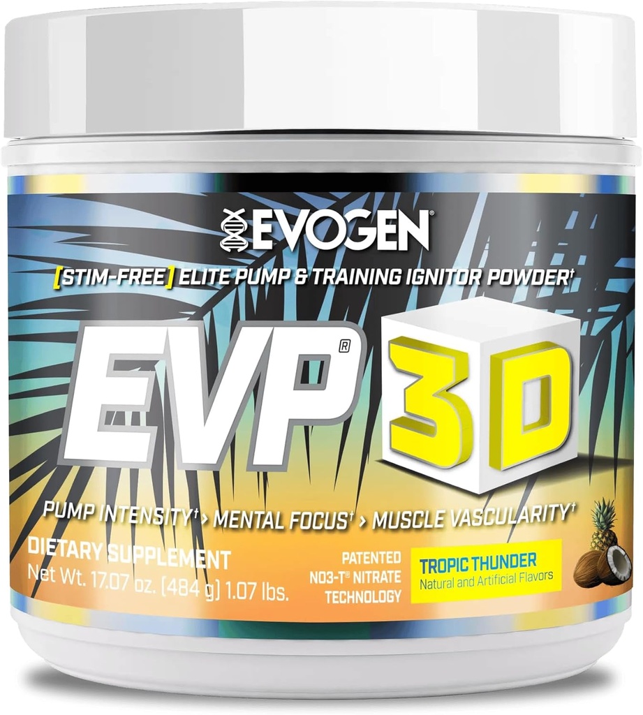 Evogen EVP 3D - Stim Free Pre Workout Powder meestele ja naistele | Sugar Free Non Stim Preworkout Beeta Alanine ja Kreatiin energia ja pumba | Tropic Thunder | 40 Servings
