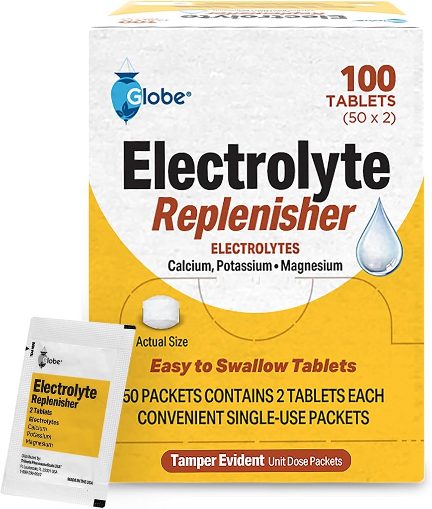 Globe Electrolyte Replacement Tablets for Rehydration, Exercise Recovery, Youth & Adult Athletes, Caminhadas, Camping, & Sports Recovery and 50 Packets of 2 Tablets Cada, 100 Count