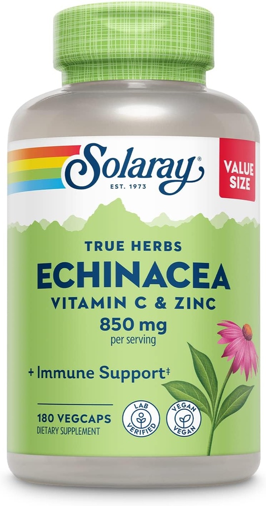 SOLARAY Echinacea Vitamin C & Zink 850mg Plus Bioflavonoide, Echinacea Kapseln für gesunde Immununterstützung, Vegan, Lab Verified, 60-Day Geld-Back-Garantie, 90 Servietten, 180 VegCaps