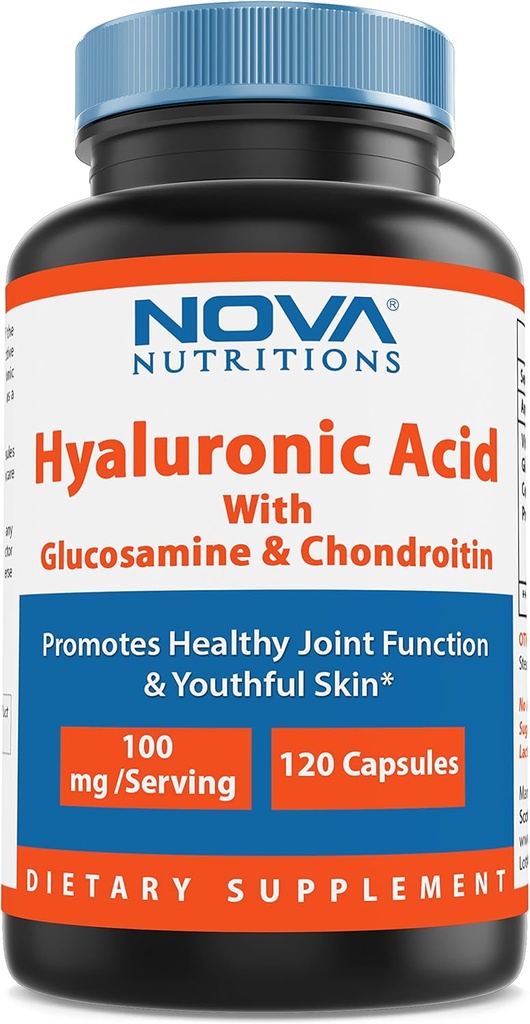 Nova Nutritions Hyaluronic Acid 100mg / porcing - Podporuje mladistvou pleť a zdravou společnou funkci 120 Kapsle