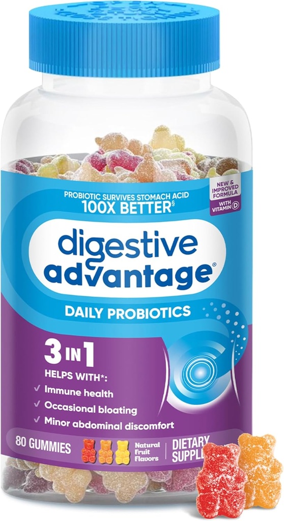 Avantatge probiòtic per a la salut Digestiva, Vitamina D, Daily Probiotics per a Dones i Men Ocasal Bloing, Discomfortt i Gut Sanitat, 80 punts de fruita Natural