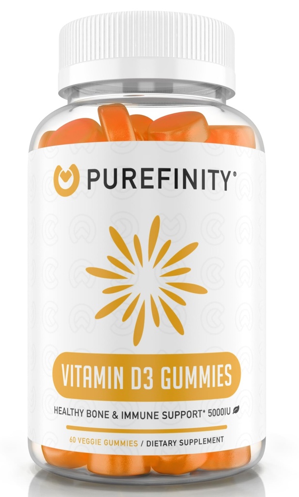 PUREFINITY Vitamin D3 5000 iu Gummies – Your Daily Vitamin D Supplement for Bone Health, Immune Health, and Joint Muscle Support for Adults & Kids – Gluten Free, Non-GMO – 60 Veggie Gummies