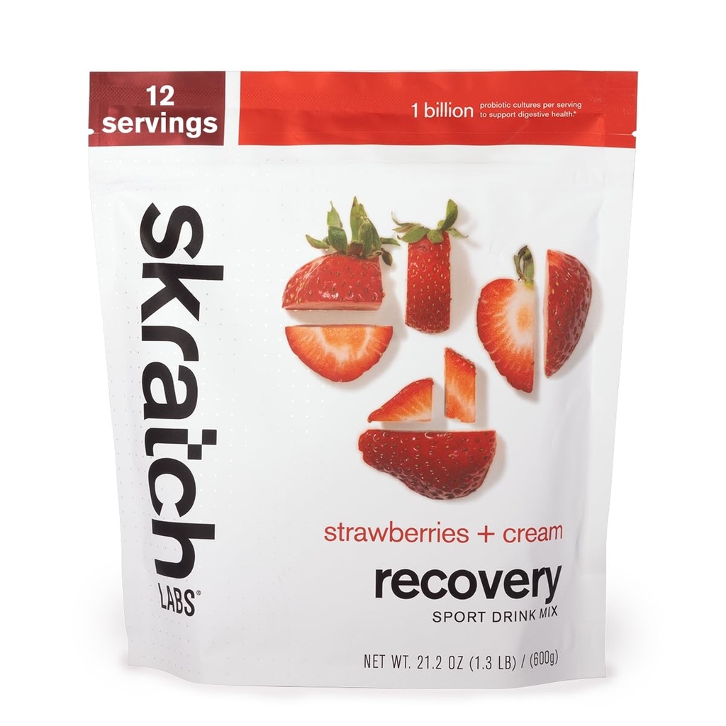 Skratch Labs Post Workout Recovery Drink Mix Strawberries and Cream (21.2 oz, 12 Servings) with Complete Milk Protein of Casein and Whey and Probiotics, Gluten Free, Kosher, Natural, Vegetarian