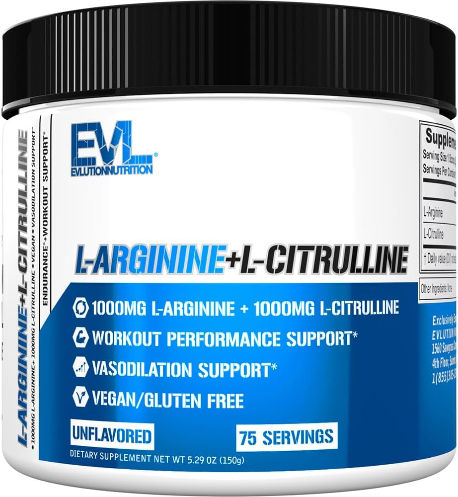 Evlution Nutrition L-Arginine + L-Citrulline - Endurance + Workout Performance Supplement - 2000mg Kompleksi - Vasodilation + Nitricoxy Support - Vegan + Gluten Pulsuz Toz - 75 Xidmət